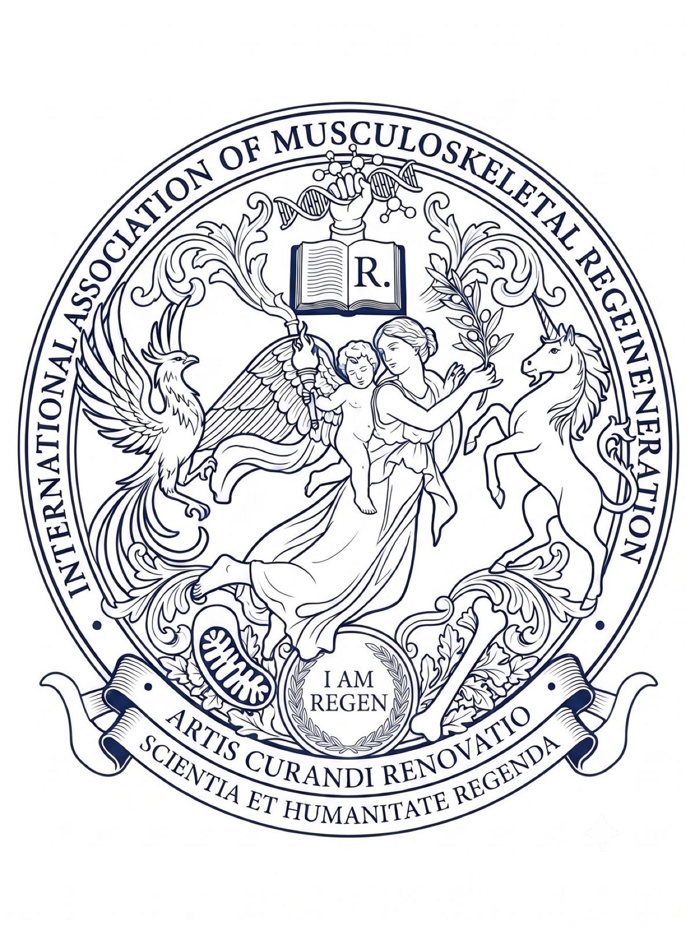 Official crest of the International Association of Musculoskeletal Regeneration (I AM Regen) — an angel carrying the next generation, flanked by a phoenix and a unicorn, beneath an open book, DNA and molecular science, standing on orthopaedics and mitochondria, with the Latin motto Artis Curandi Renovatio.